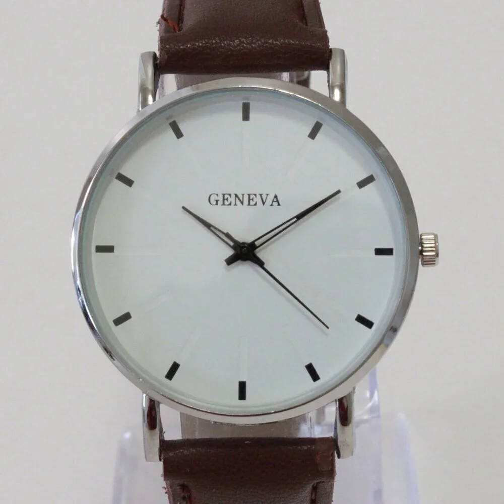 Men's Minimalist Fashion Watch Silver Case White Dial Brown Strap 40mm
